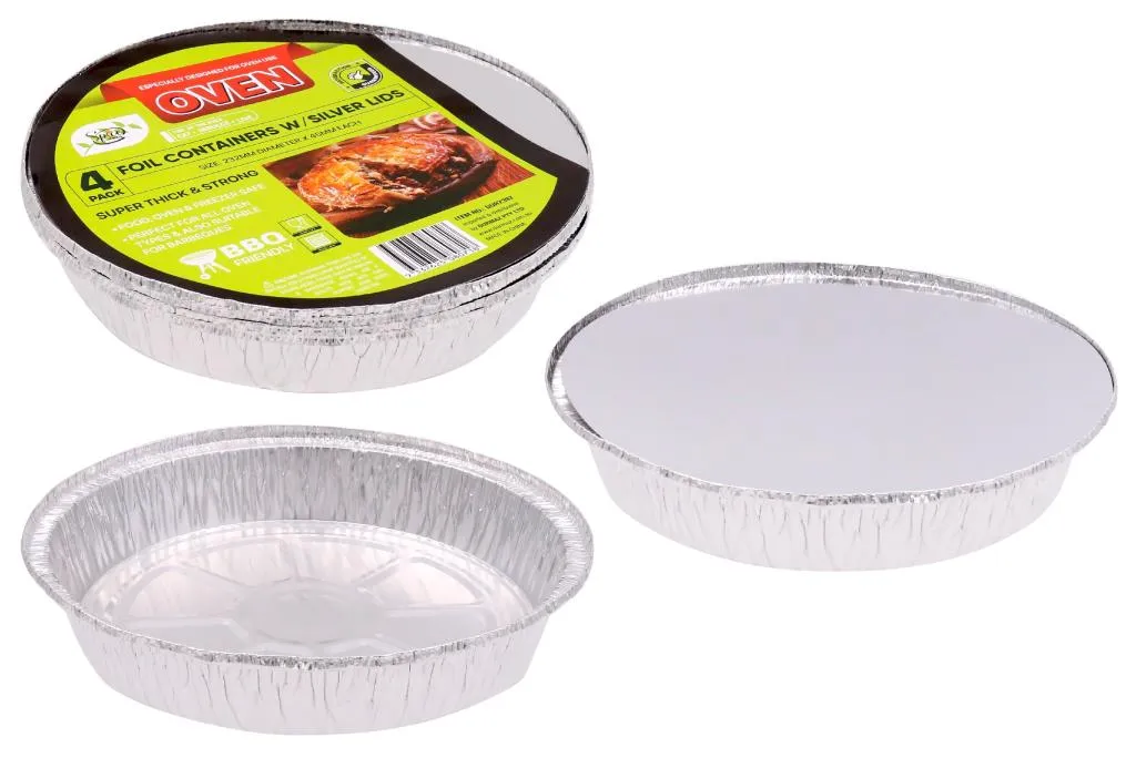 [DUR7397] 4PK Round Series Foil Containers W/Lids - 232MM Diameter x 45MM