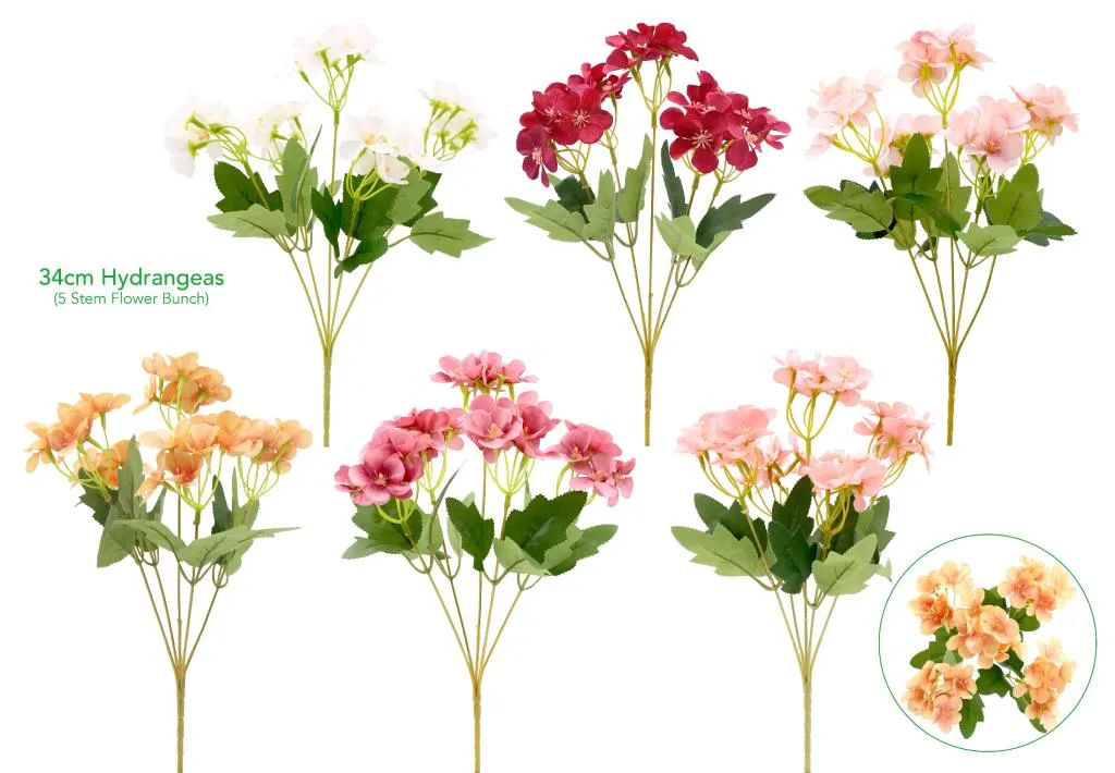 [DUR7877] Decorative Artificial Flowers - 5 Stem 34CM Hydrangeas