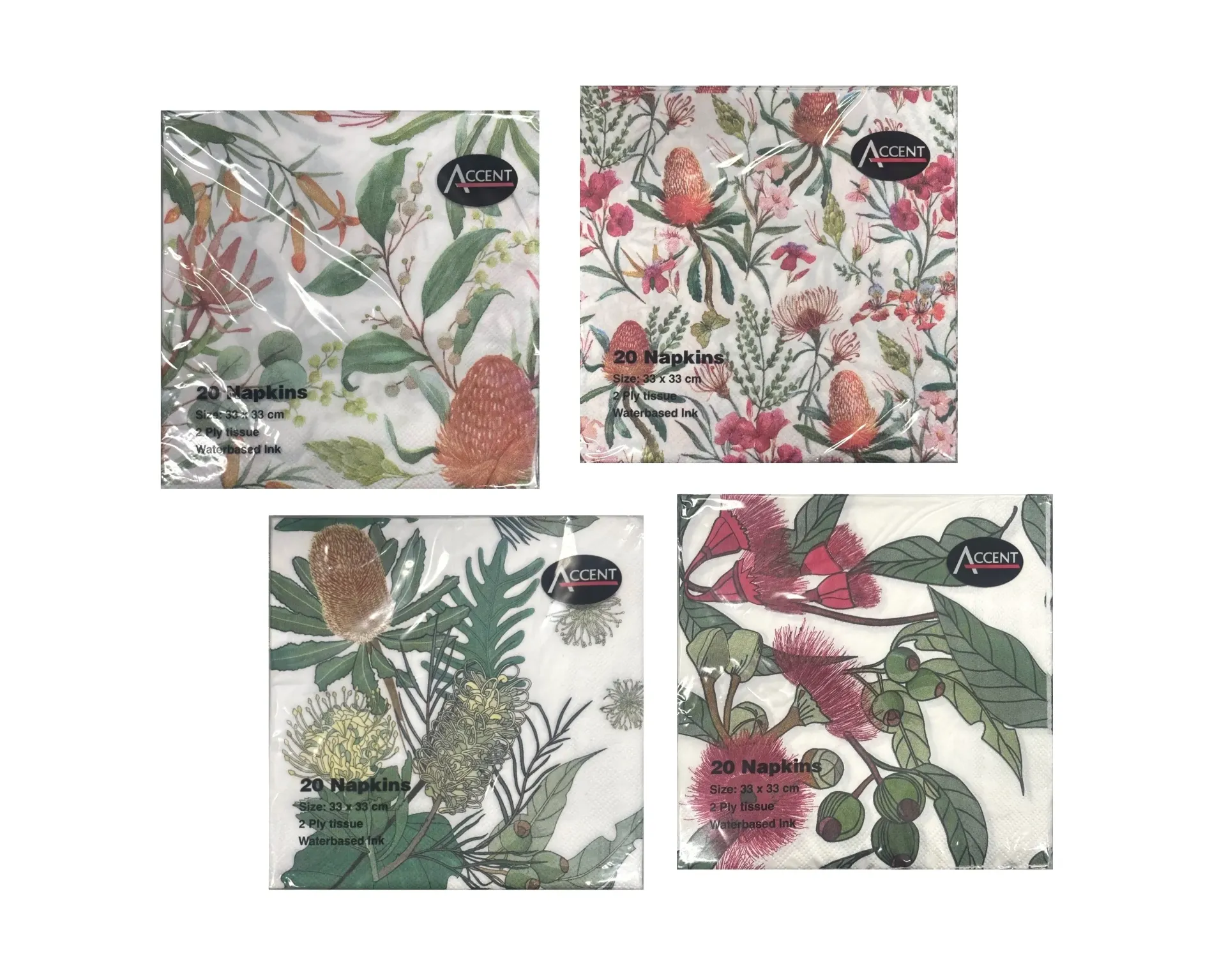 [PAR30959] AUSTRALIAN NATIVE NAPKIN 2PLY 33X33CM 4 ASST