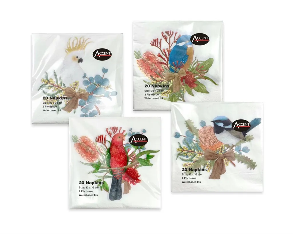 [PAR32674] NATIVE BIRD NAPKINS PK20 2PLY 33x33cm 4 ASST COLS