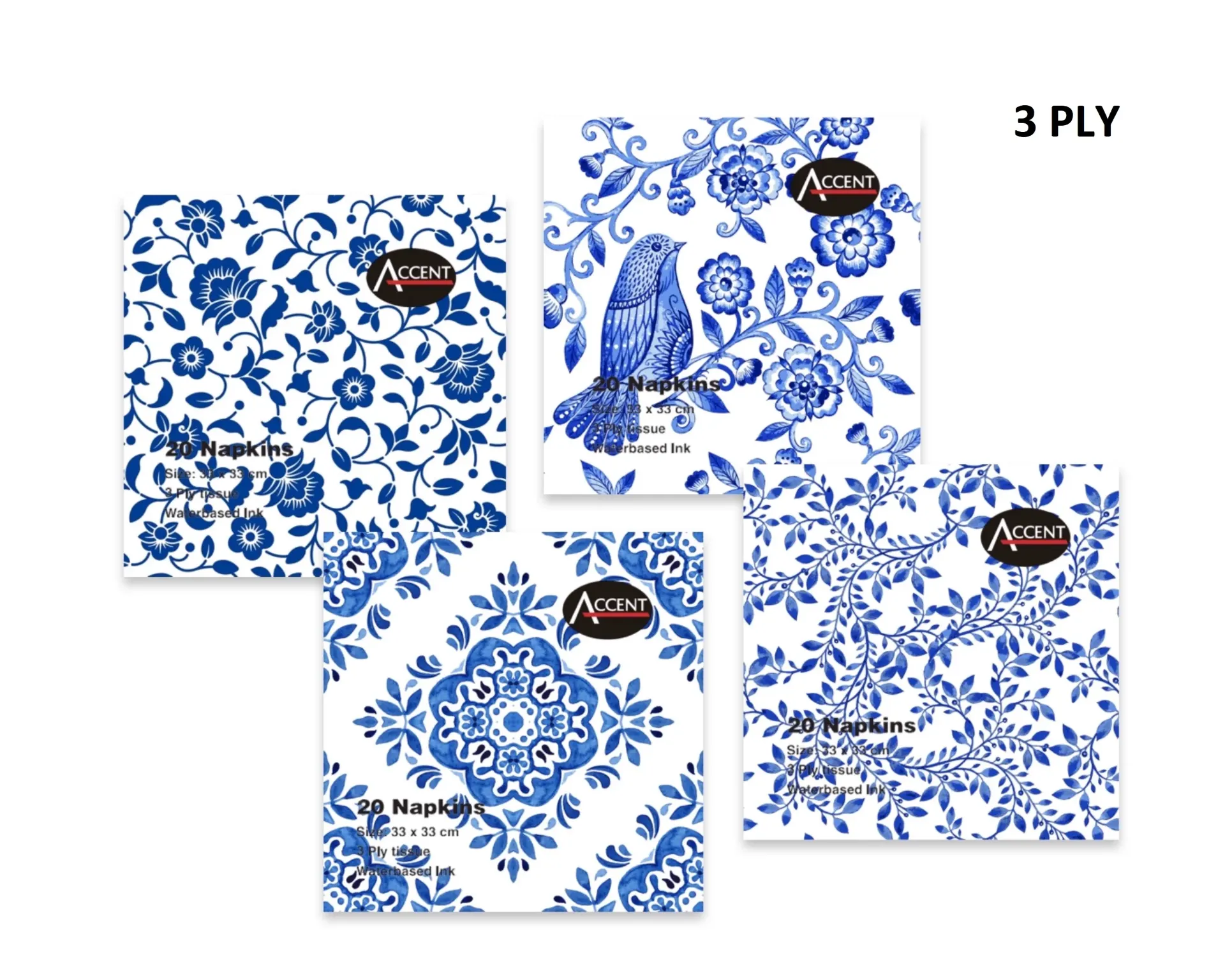 [PAR32783] 3PLY NAPKIN ALL ABOUT BLUE PK20  33x33cm 4 ASST COLS