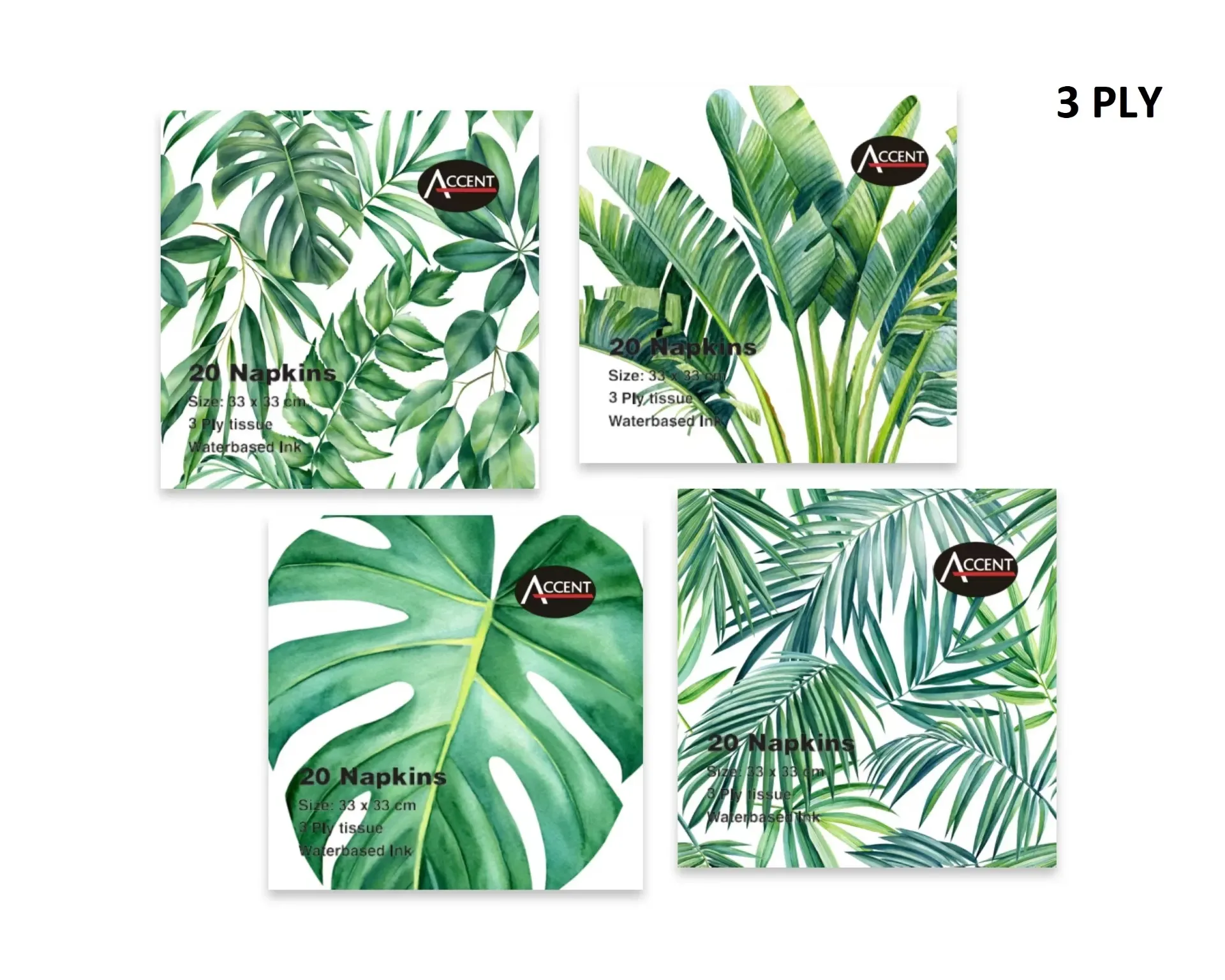 [PAR33898] TROPICAL LEAVES NAPKIN PK20 3PLY  33x33cm 4 ASST COLS
