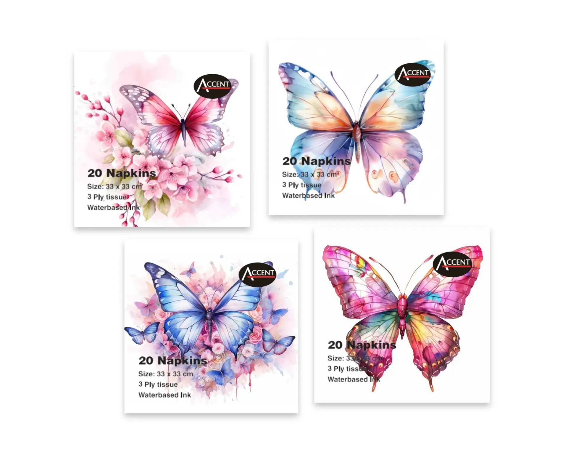 [PAR36947] BUTTERFLY EMPORIUM NAPKINS PK20 2PLY 33x33cm 4 ASST